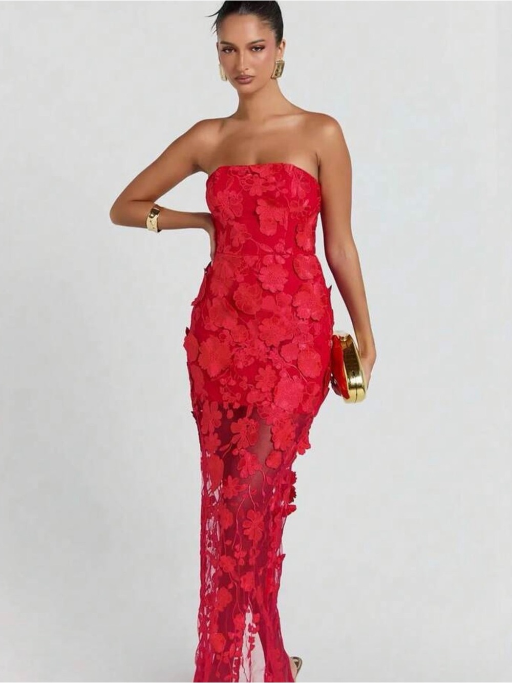 SHEIN Strapless Red Floral Appliqué Gown